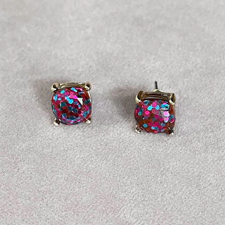 Fuchsia and Teal Glitter Square Stud Earrings