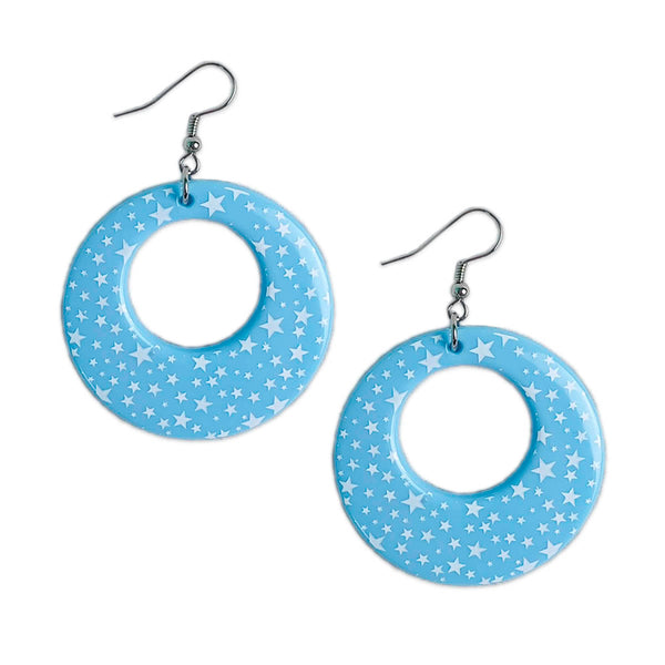 Bright Blue and White Star Print Earrings