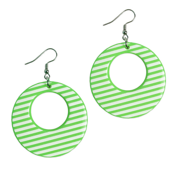 Lime Green and White Striped Earrings