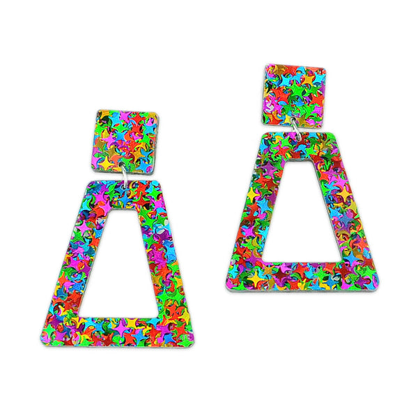 Rainbow Confetti Trapezoid Door Knocker Earrings