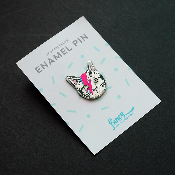 Hot Pink Lightning Bolt Bowie Cat Pin