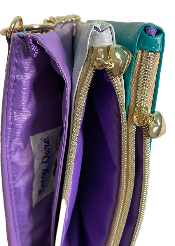 purple and teal lightning bolt clutch interior