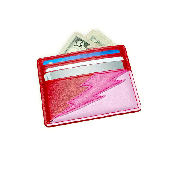 red and pink lightning bolt card wallet