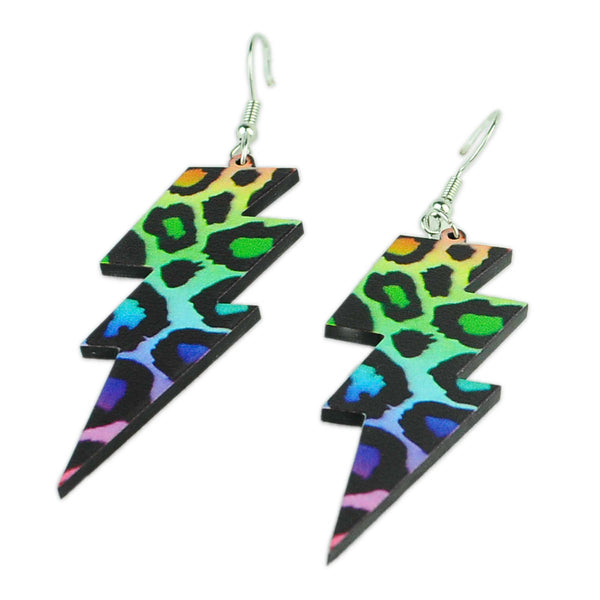 Neon Rainbow Leopard Print Lightning Bolt Earrings