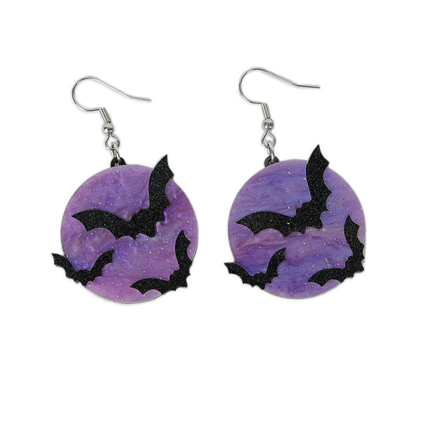 Galaxy Purple Full Moon and Bats Acrylic Earrings