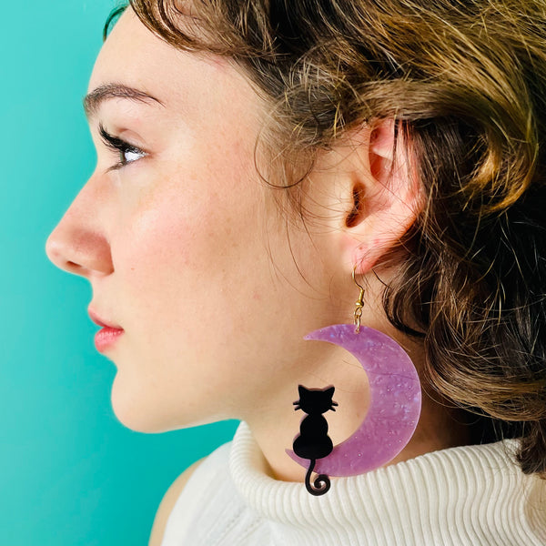Black Cat Pearly Purple Moon Acrylic Earrings