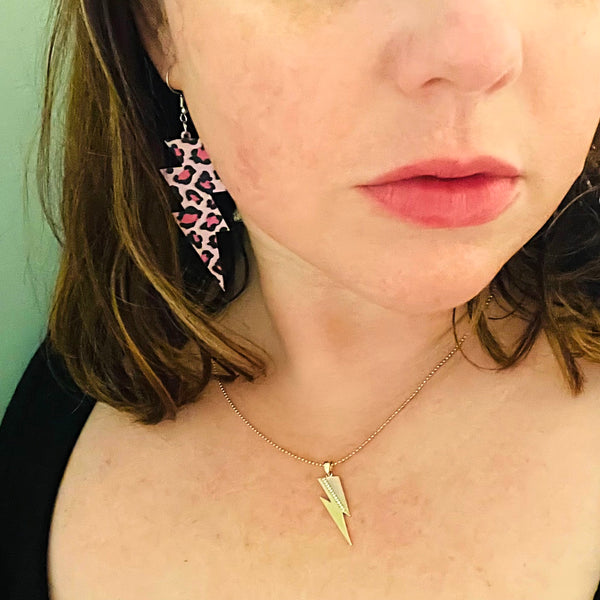 Pink Leopard Print Lightning Bolt Earrings