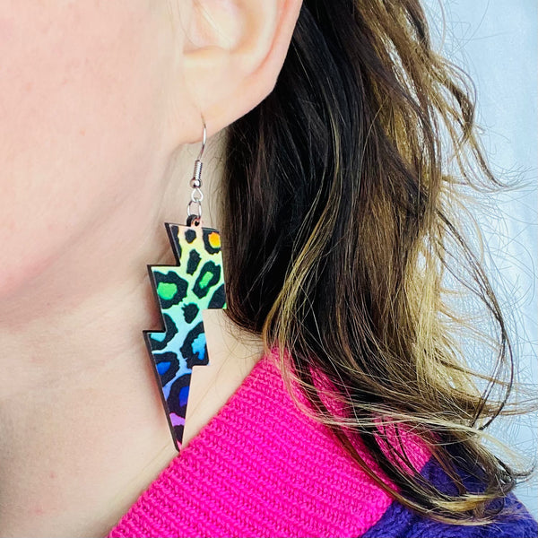 Neon Rainbow Leopard Print Lightning Bolt Earrings