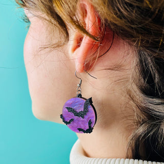 Galaxy Purple Full Moon and Bats Acrylic Earrings