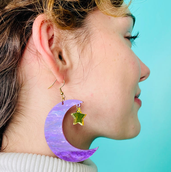 Black Cat Pearly Purple Moon Acrylic Earrings